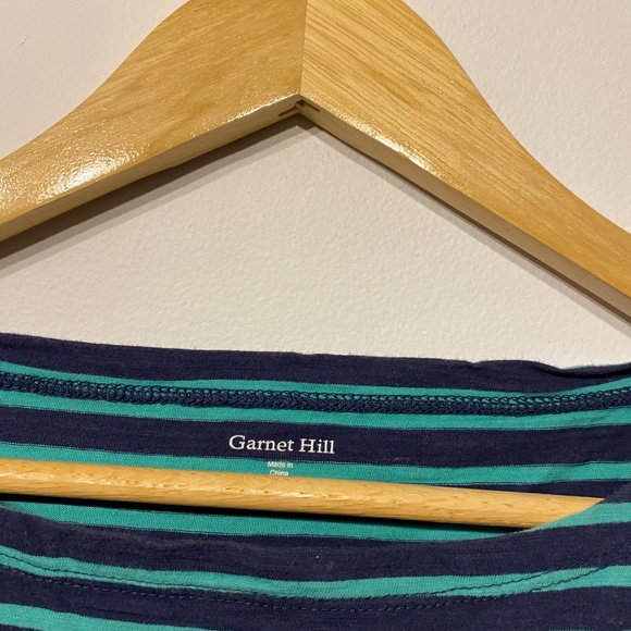 Garnet Hill Blue and Green Striped 3/4 Sleeve Cotton Mini Summer Dress - Picture 2 of 4